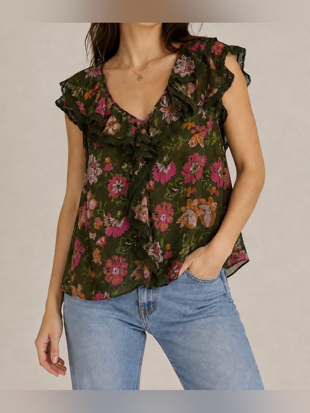 Sundance Olive Multi Floral Ruffle V-Neck Blouse - Size M